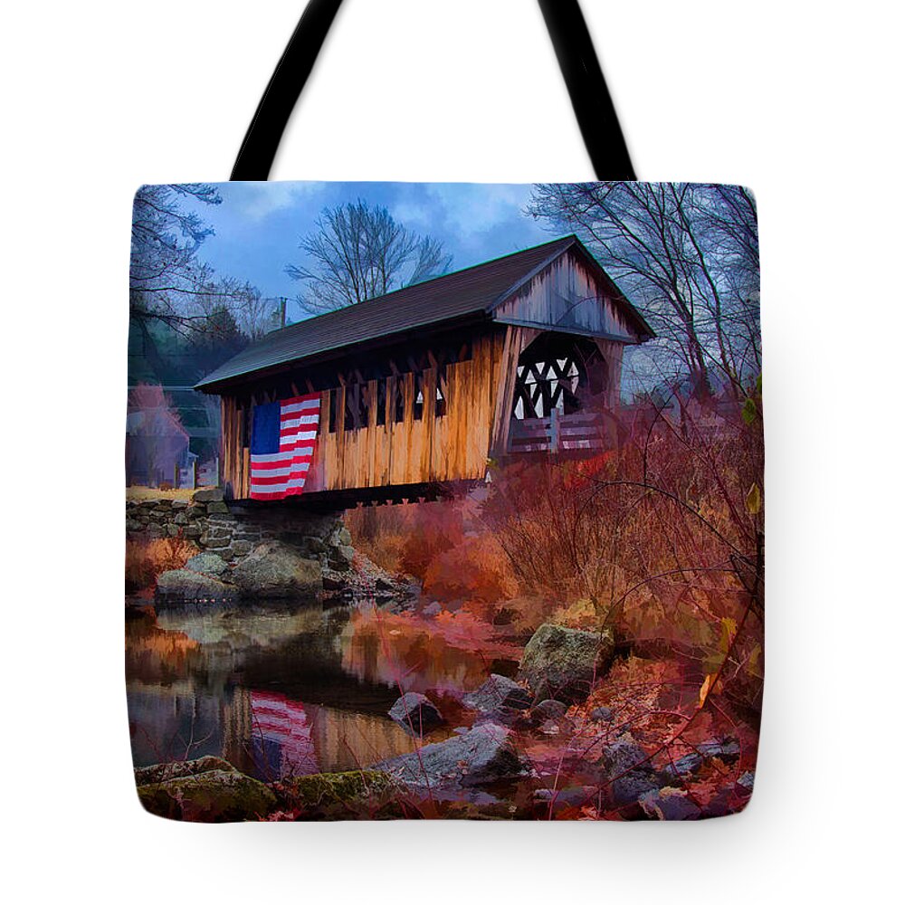 Autumn Tote Bag featuring the photograph CilleyVille covered bridge by Jeff Folger