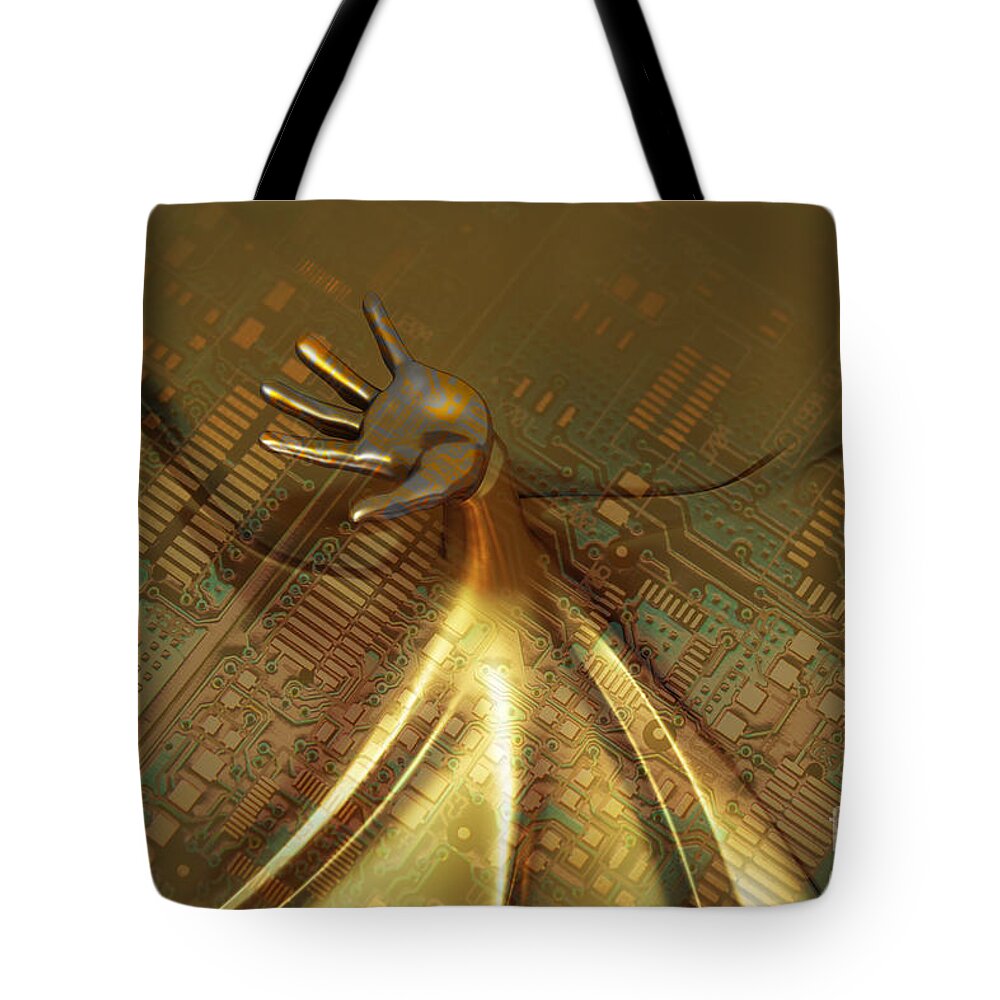 Concept Tote Bag featuring the photograph Circuit Board Gold Hand by Mike Agliolo