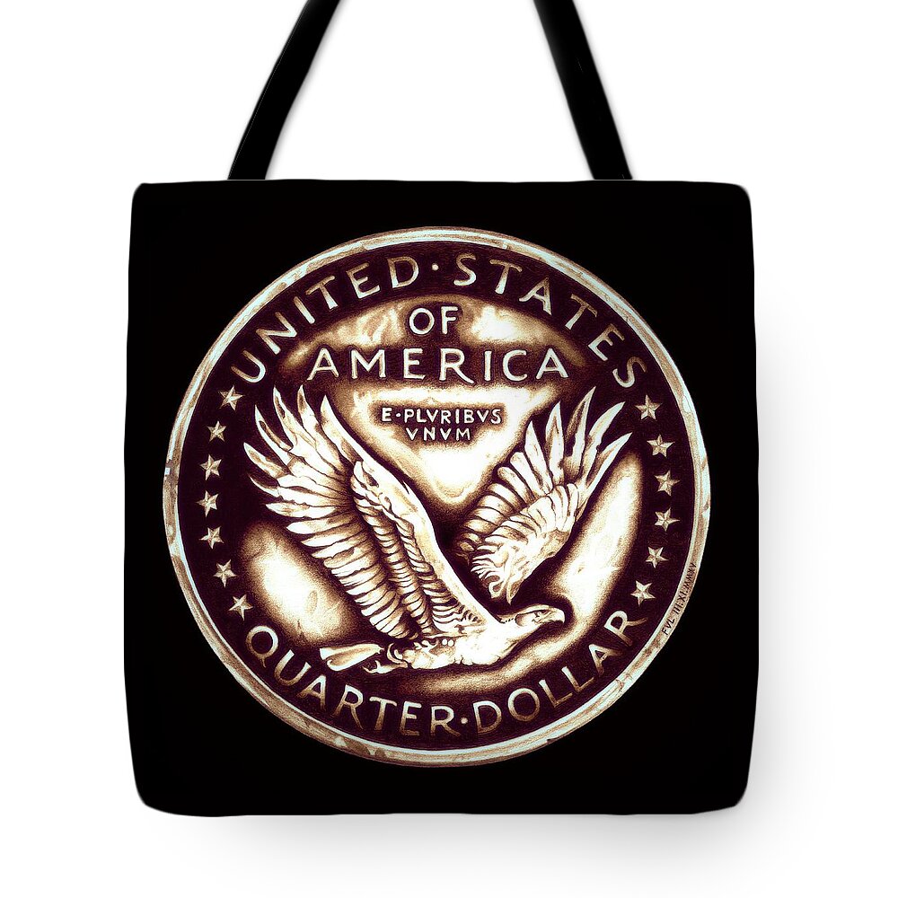 Coin Tote Bag featuring the drawing Circulated Standing Liberty Reverse by Fred Larucci