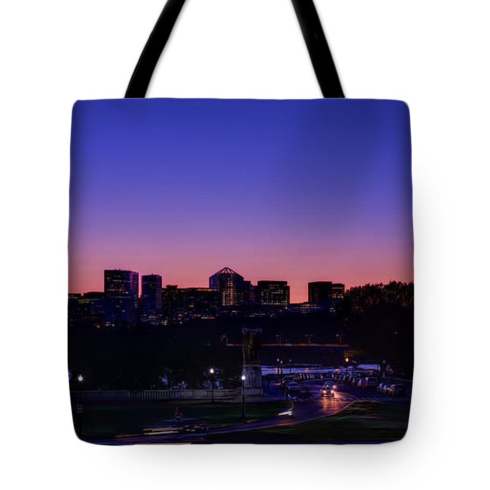 Skyline Tote Bag featuring the photograph City At The Edge Of Night by Metro DC Photography