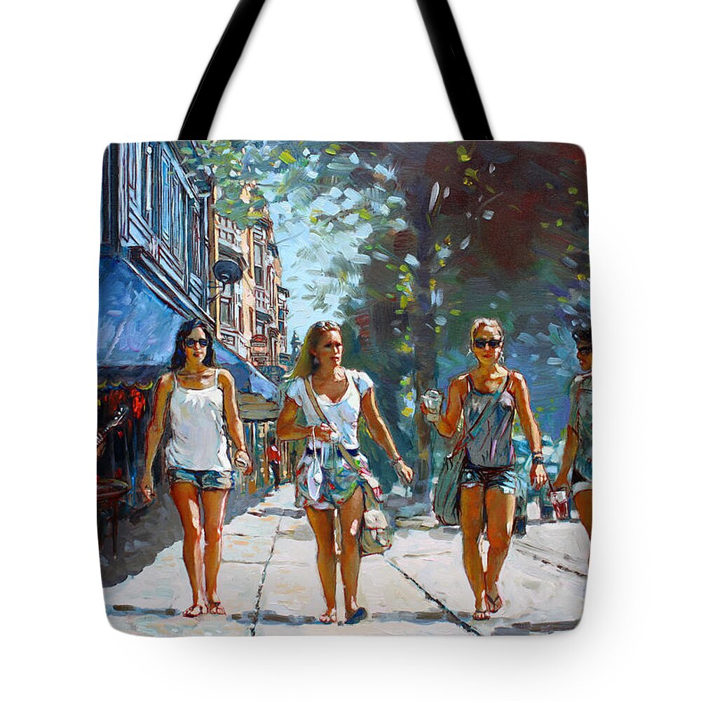 Landscape Tote Bag featuring the painting City Girls by Ylli Haruni