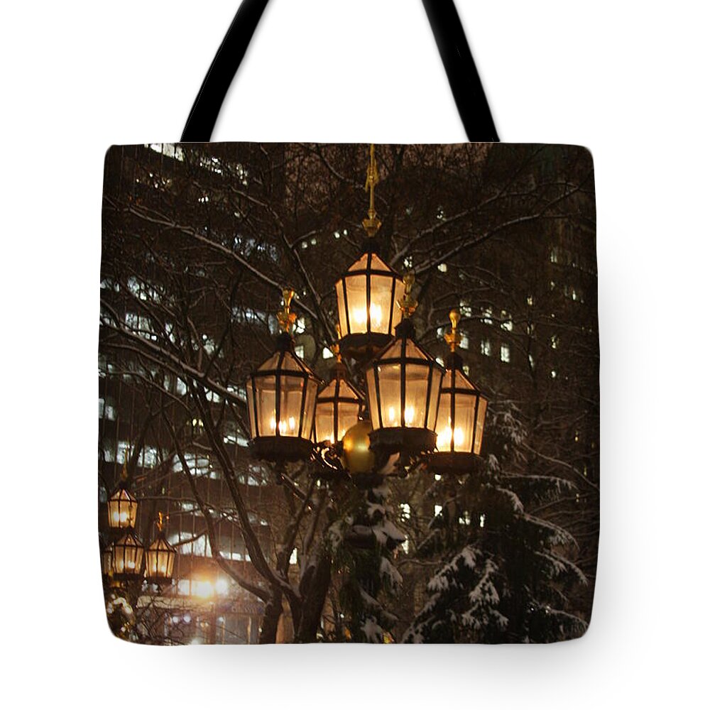 City Hall Park Tote Bag featuring the photograph City Hall Park Lights by Vadim Levin