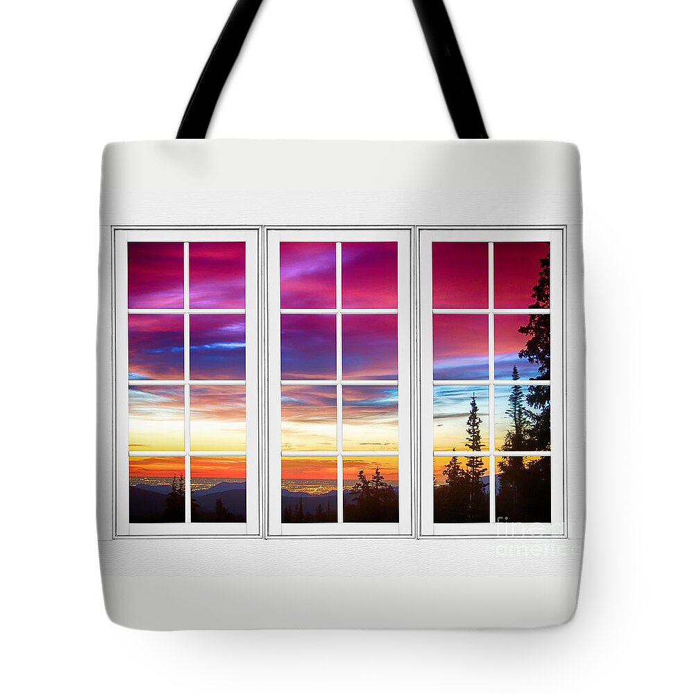 Window To Nature Tote Bag featuring the photograph City Lights Sunrise View Through White Window Frame by James BO Insogna