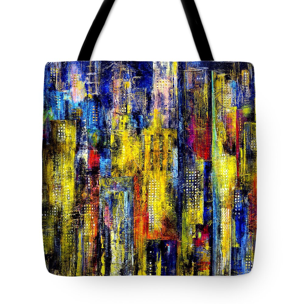 Katie Tote Bag featuring the painting City Nightime Metropolis by Katie Black