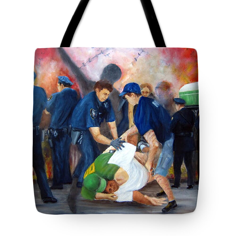 Current Events Tote Bag featuring the painting Civil Unrest-Final Salute by Leonardo Ruggieri