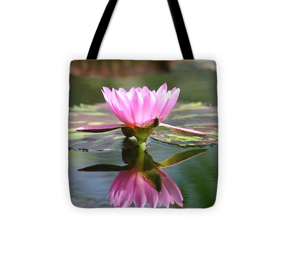 Pink Lotus Flower Reflecting In Pond Tote Bag featuring the photograph Clarity by Mary Lou Chmura