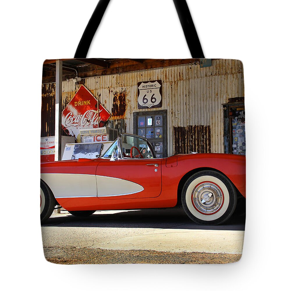 Corvette Tote Bag featuring the photograph Classic Corvette on Route 66 by Mike McGlothlen