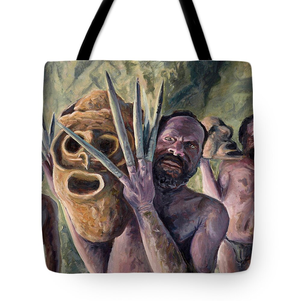 Fear Spirit Aboriginal Mask Rite Cave Primitive Superstition God Man Religion Tribe Tote Bag featuring the painting Clay masks by Marco Busoni