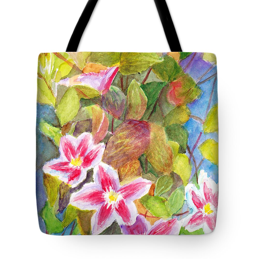 Flowers Tote Bag featuring the painting Clematis flowers on the vine by Dai Wynn