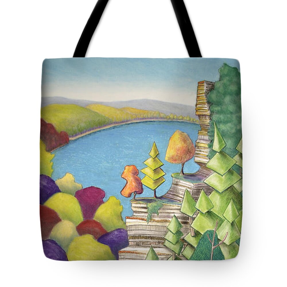 Cliff Tote Bag featuring the mixed media Cliff Overlooking Lake with Colorful Trees by Michele Fritz