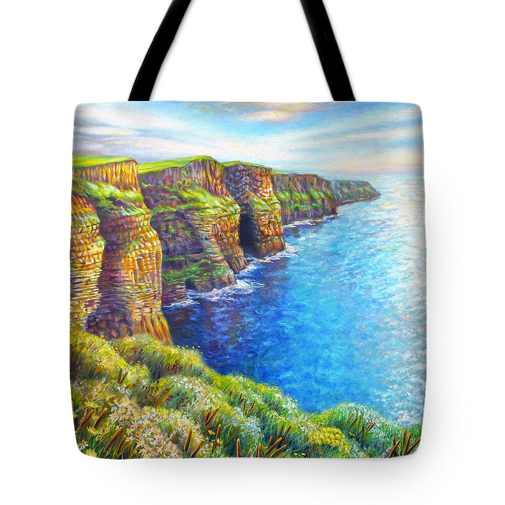 Oil Painting Tote Bag featuring the painting Cliffs of Moher by Nancy Tilles