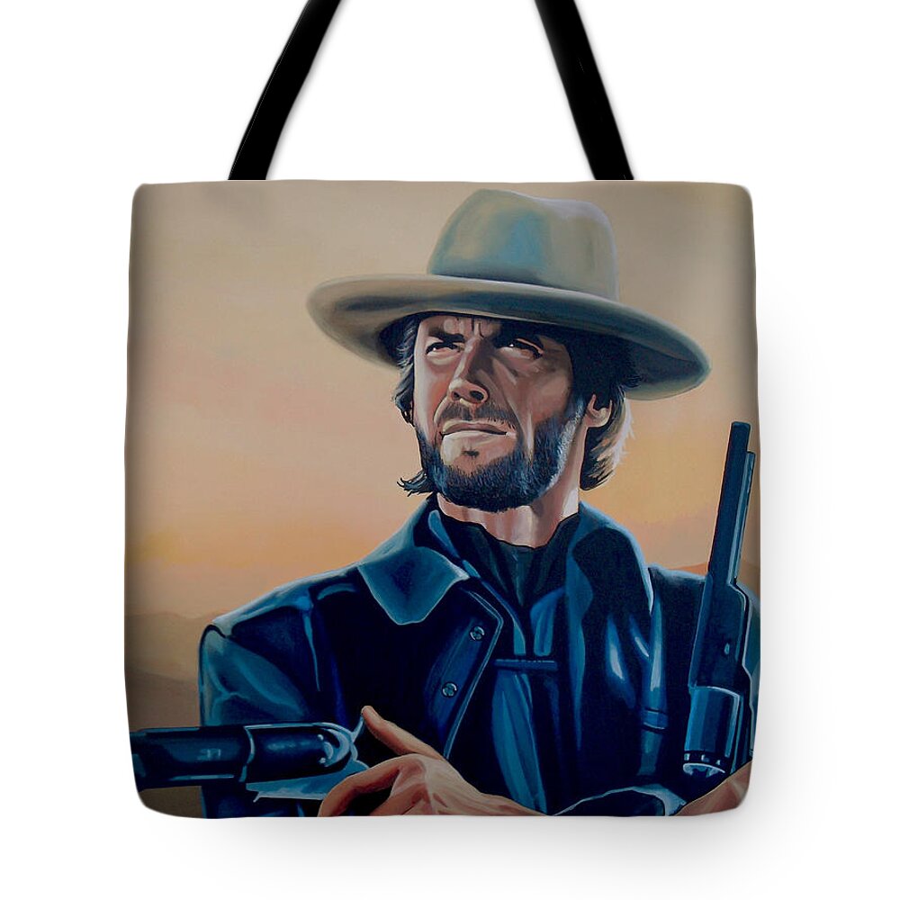 Clint Eastwood Tote Bag featuring the painting Clint Eastwood Painting by Paul Meijering