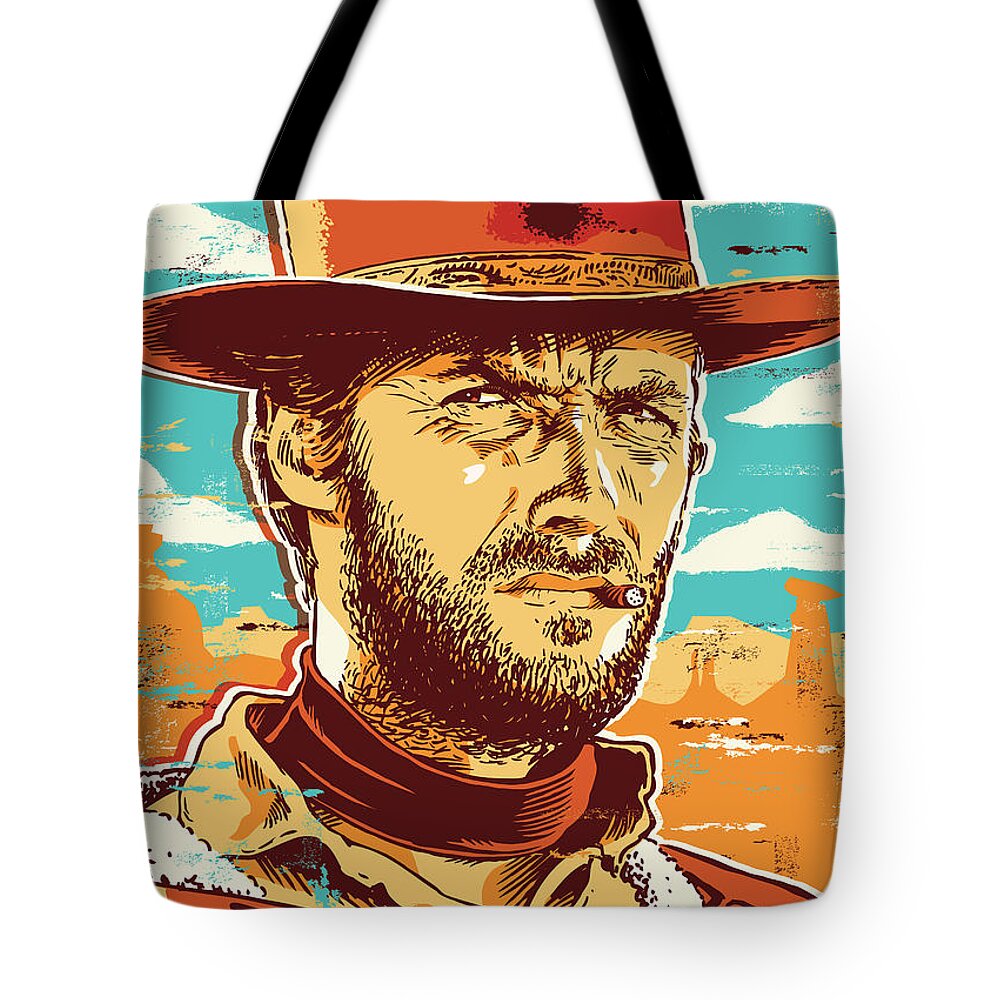 Illustration Tote Bag featuring the digital art Clint Eastwood Pop Art by Jim Zahniser