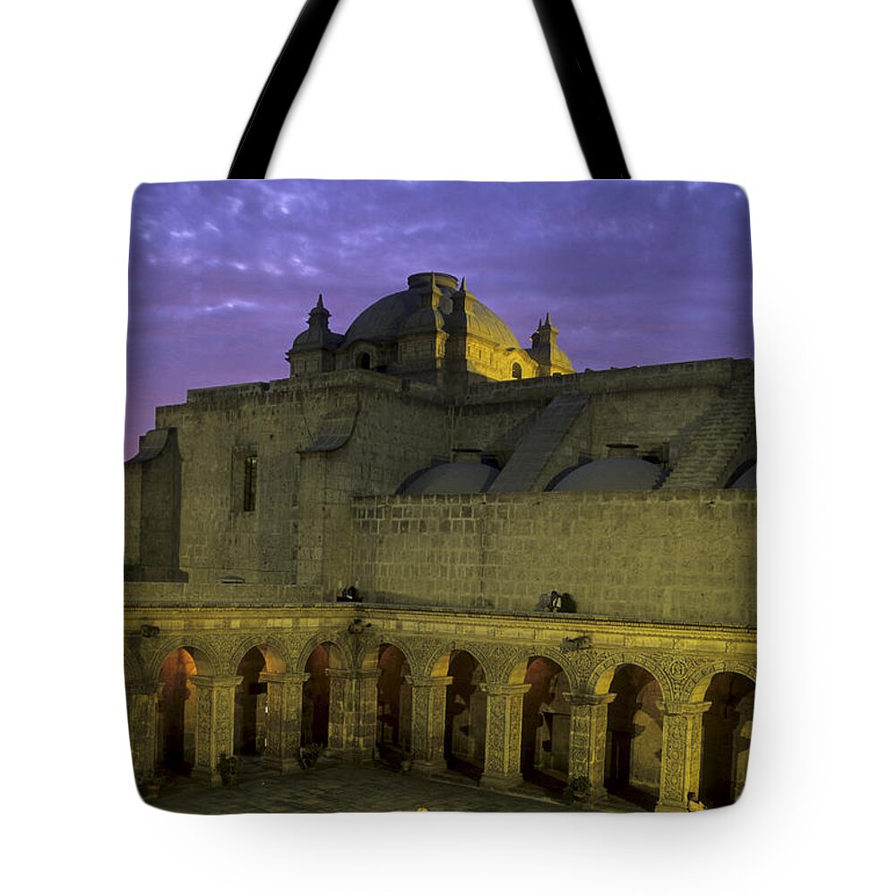 Peru Tote Bag featuring the photograph Cloisters at sunset Arequipa Peru by James Brunker