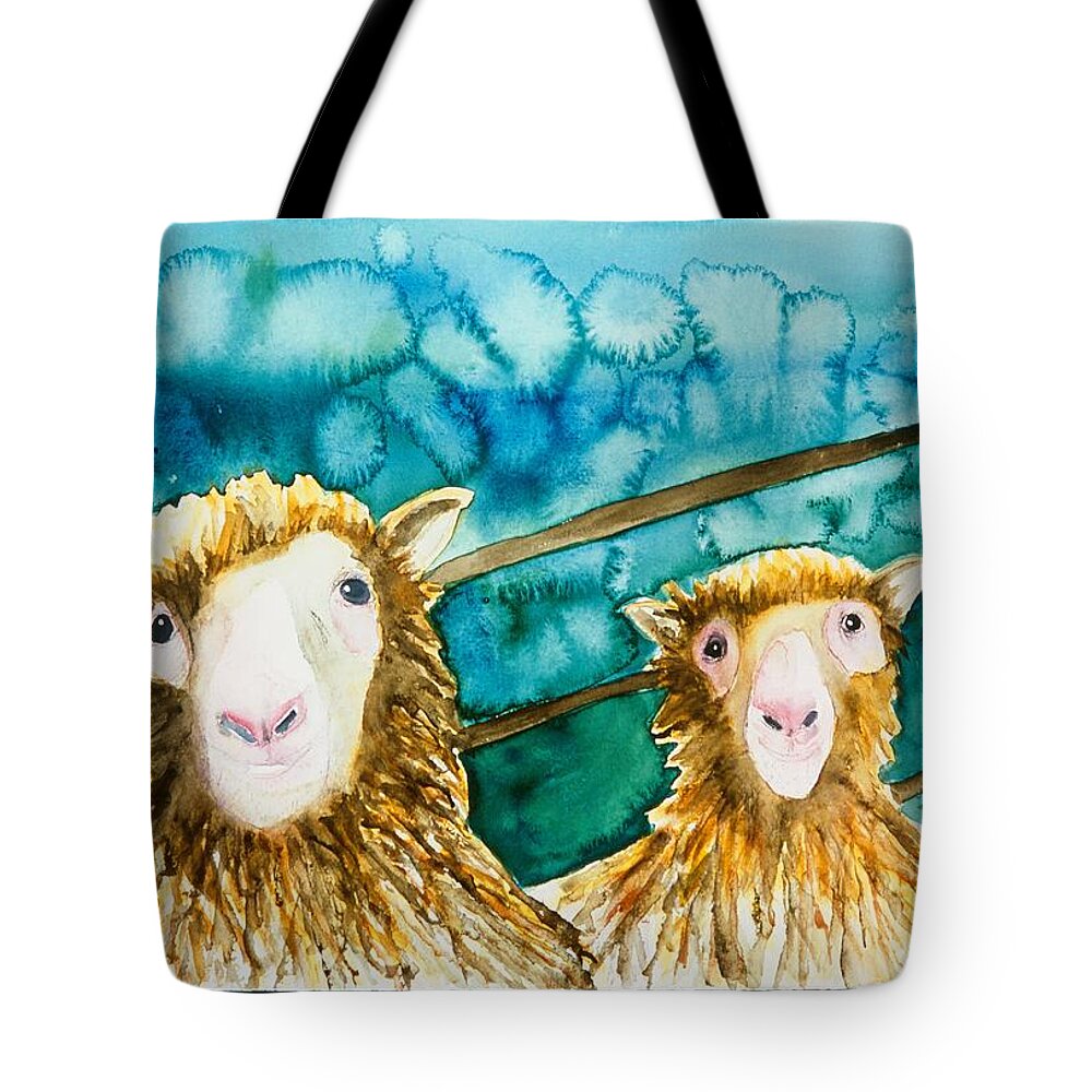Sheep Tote Bag featuring the painting Cloning Around by Sherry Harradence