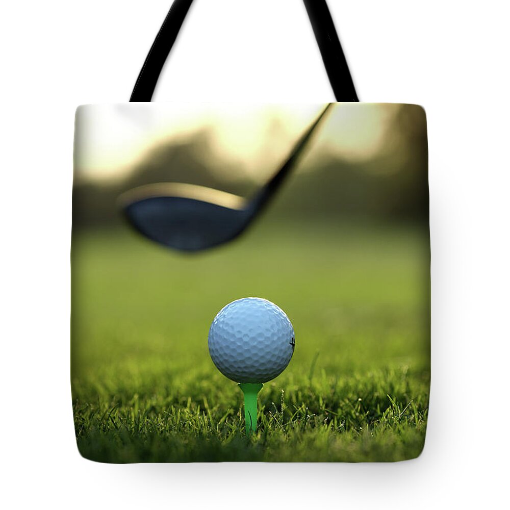Close Up Of Golf Ball And Club On Course Tote Bag by Visage