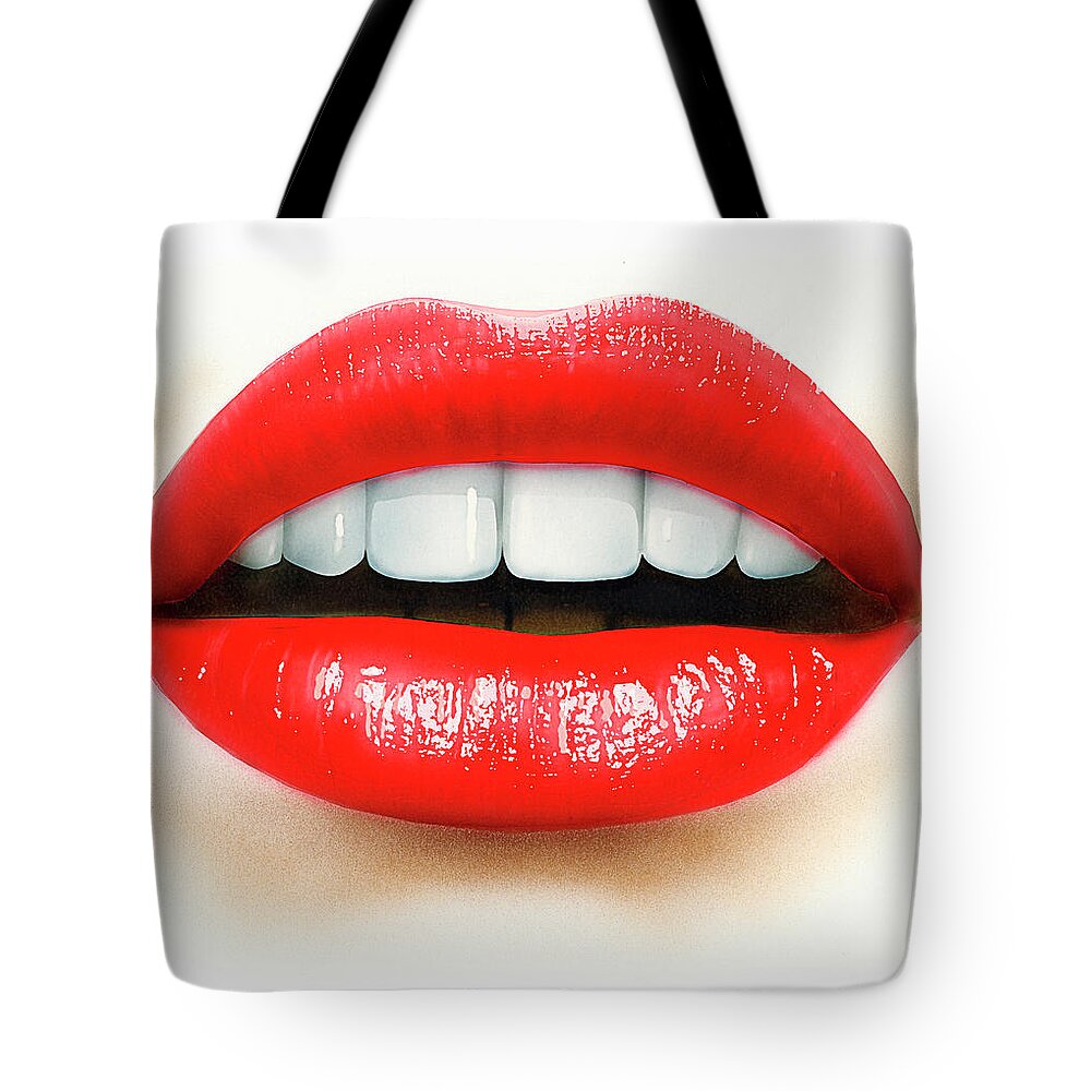 Adult Tote Bag featuring the photograph Close Up Of Mouth, Teeth And Red Lips by Ikon Ikon Images