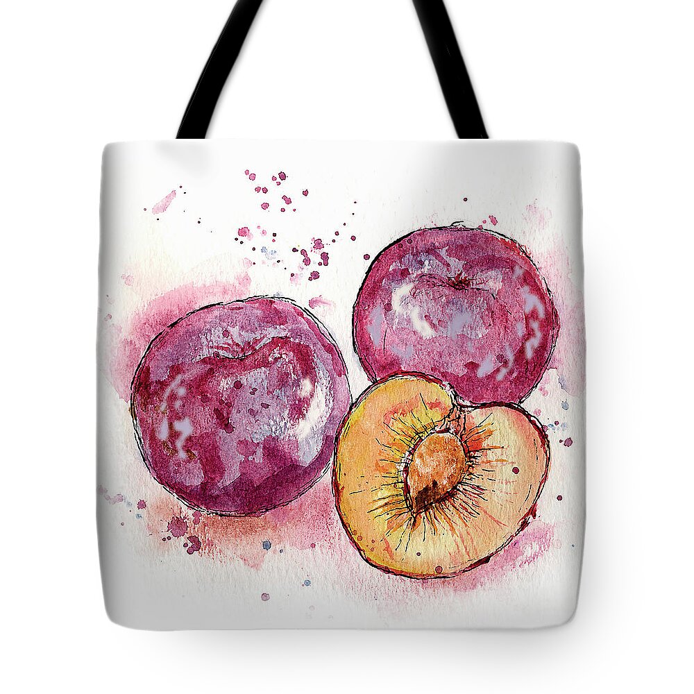 Art Tote Bag featuring the painting Close Up Of Three Plums by Ikon Ikon Images