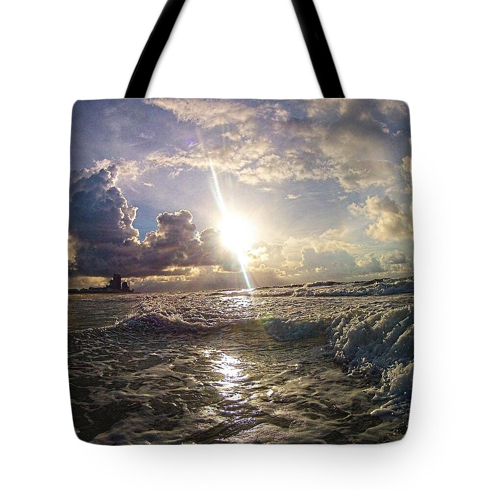 Palm Tote Bag featuring the digital art Clouds and Surf by Michael Thomas