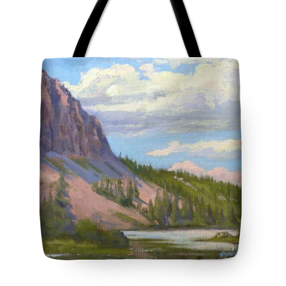 Eastern Sierra Mountains Tote Bag featuring the painting Clouds Over the Twin Lakes by Sharon Weaver