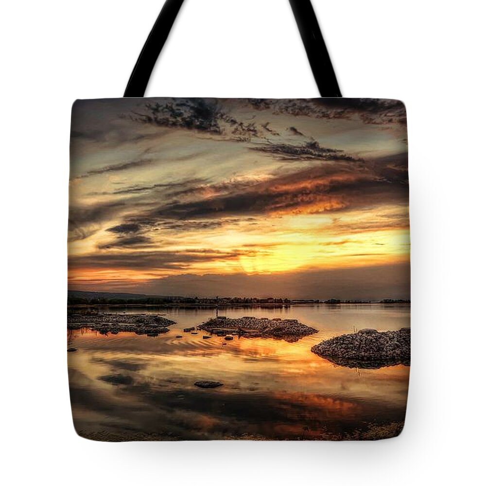 Beach Tote Bag featuring the digital art Cloudy Sunset by Jeff S PhotoArt