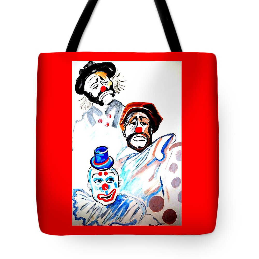 Clowns In Heaven Pop Art Modern Beautiful Colors Tote Bag featuring the painting Clowns in heaven by Nora Shepley