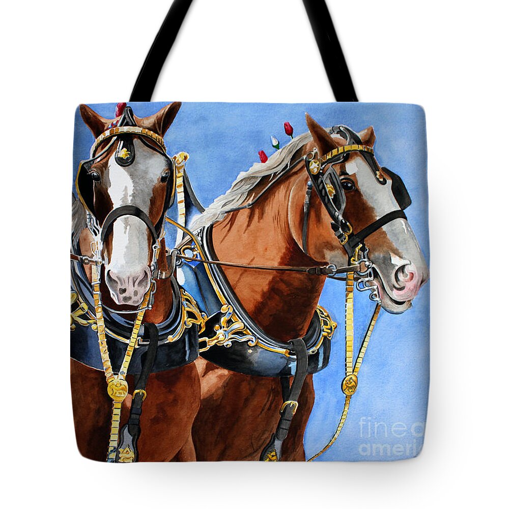 Horses Tote Bag featuring the painting Clydesdale Duo by Debbie Hart
