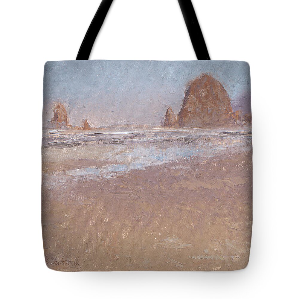 Beach Tote Bag featuring the painting Coastal Escape Cannon Beach Oregon and Haystack Rock by K Whitworth