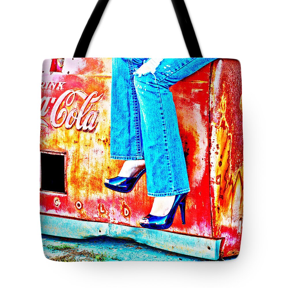 Coca-cola Tote Bag featuring the photograph Coca-Cola and Stiletto Heels by Toni Hopper