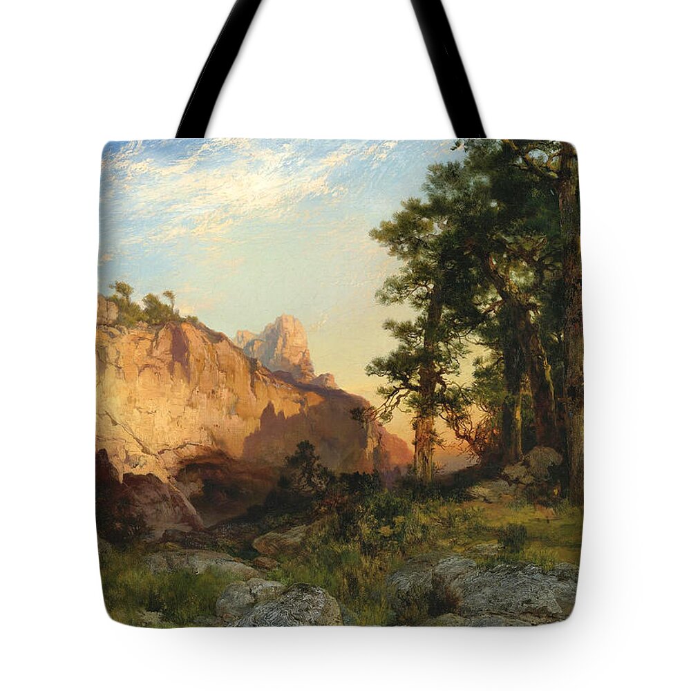 Thomas Moran Tote Bag featuring the painting Coconino Pines and Cliff. Arizona by Thomas Moran