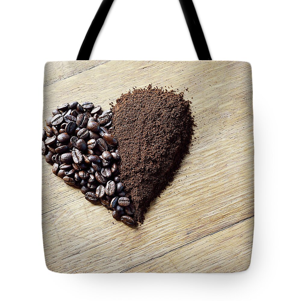 Dependency Tote Bag featuring the photograph Coffee Beans And Grounds Forming A by David Malan
