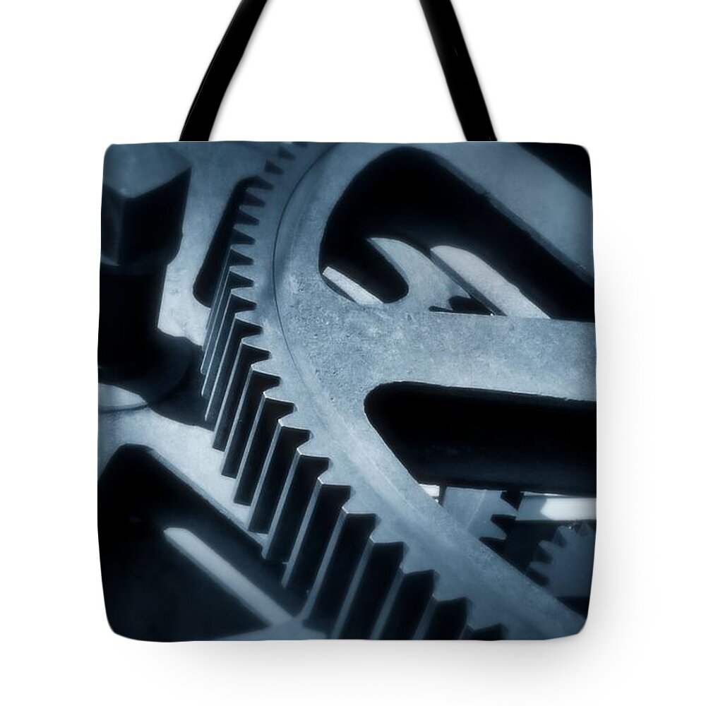 Cogs Tote Bag featuring the photograph Cogwheels in Blue by Nadalyn Larsen