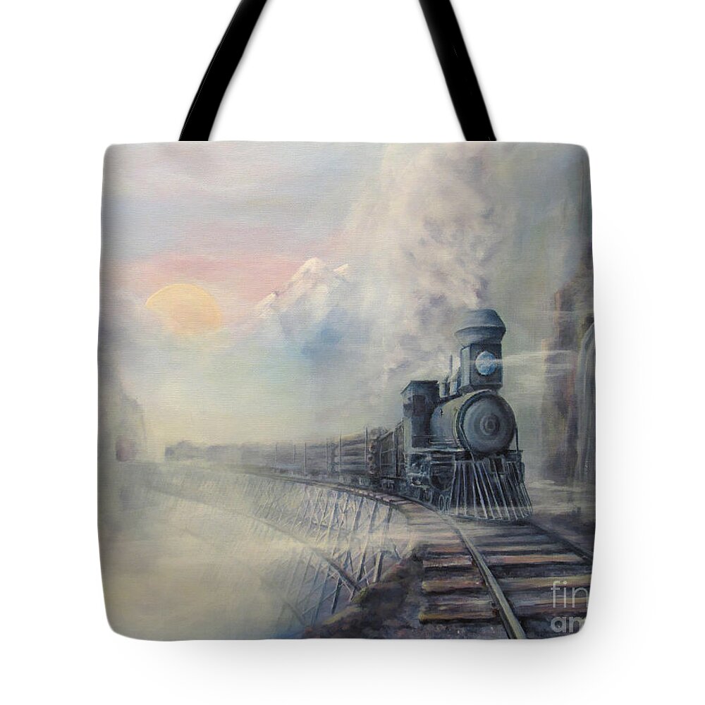 Train Tote Bag featuring the painting Cold Blue Steel by Wayne Enslow