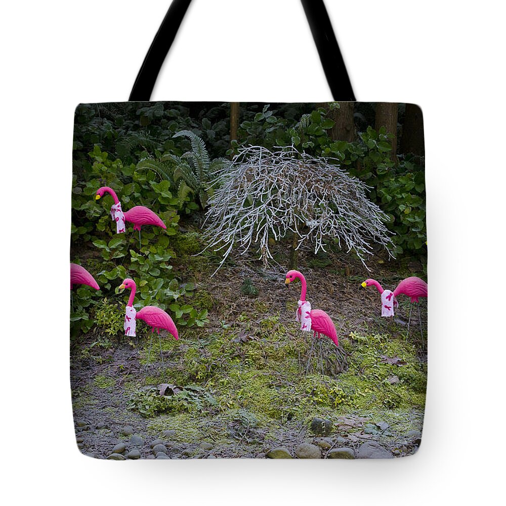 Wall Art Tote Bag featuring the photograph Cold Pink Flamingos by Ron Roberts