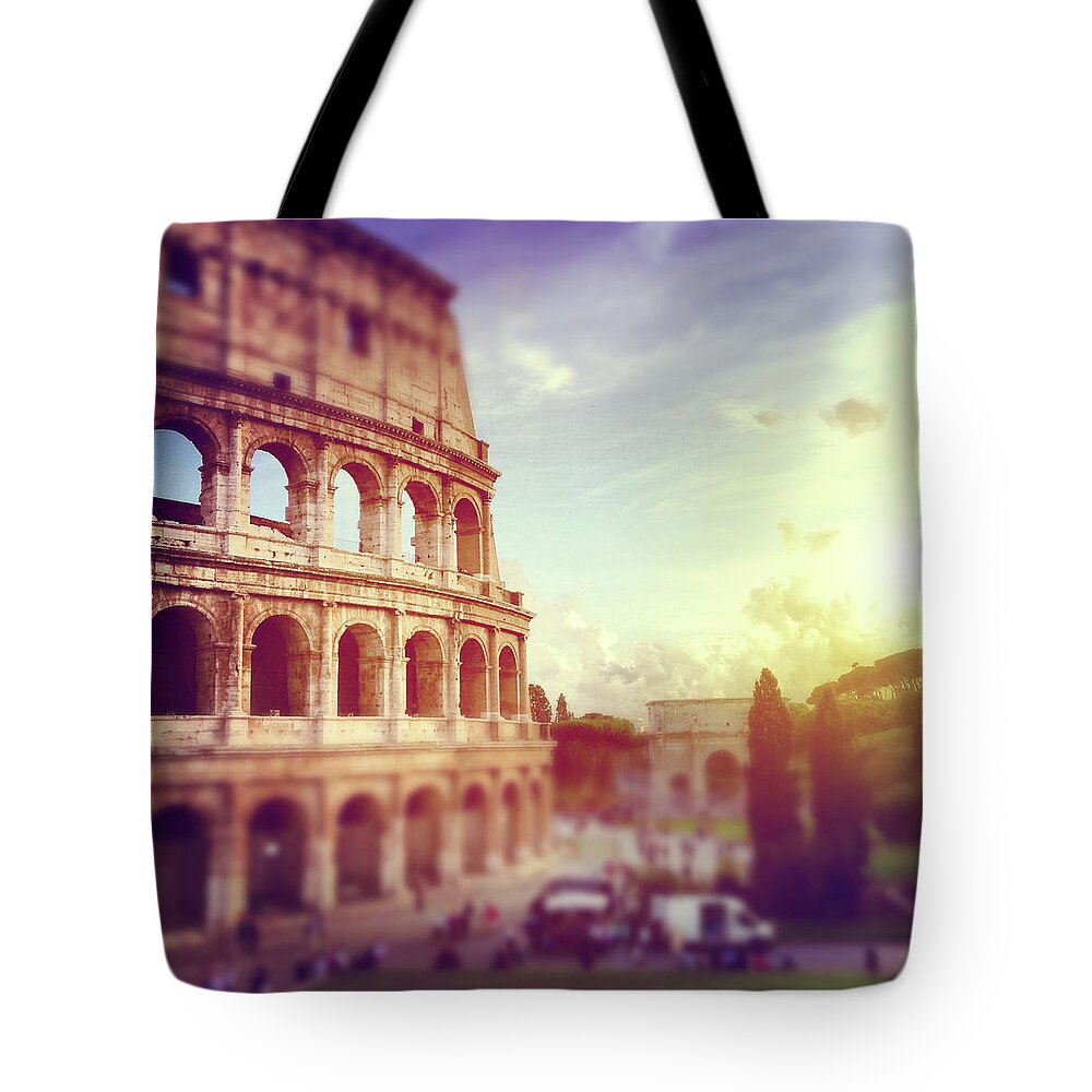 Arch Tote Bag featuring the photograph Coliseum Landmark Of Rome Shot With by Piola666