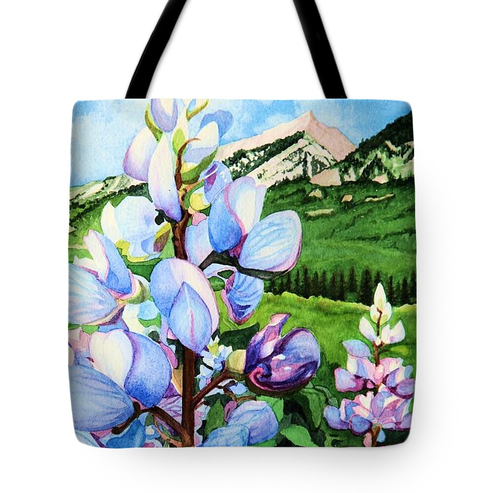 Flowers Tote Bag featuring the painting Colorado Summer Blues Close-Up by Barbara Jewell
