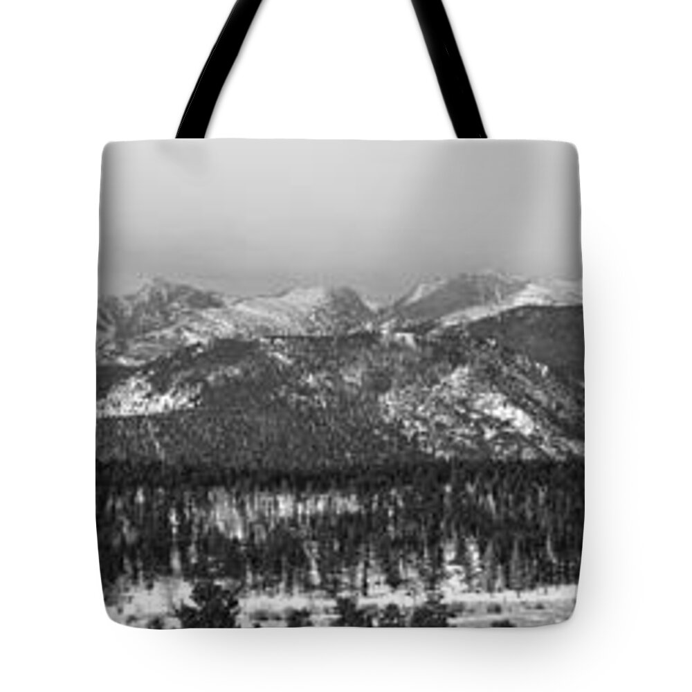 Panoramas Tote Bag featuring the photograph Colorado Rocky Mountain National Park Panorama Winter View BW by James BO Insogna