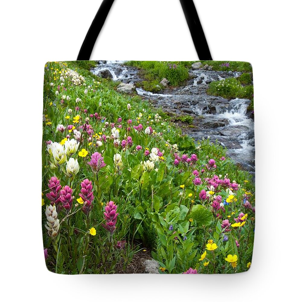 Wildflower Tote Bag featuring the photograph Colorado Wildflower Meadow and Stream by Cascade Colors