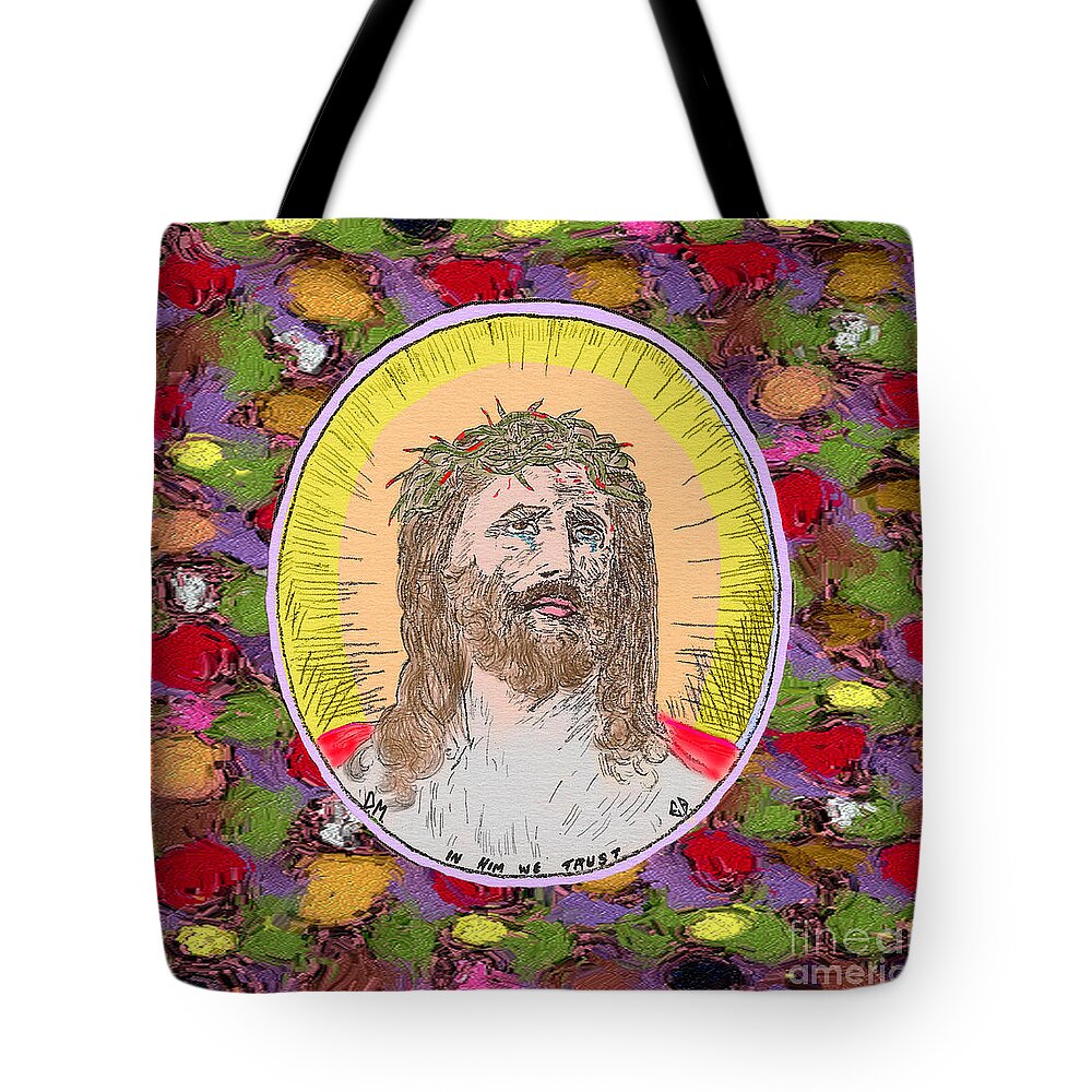 Jesus Tote Bag featuring the painting Colored background Jesus by Donna L Munro