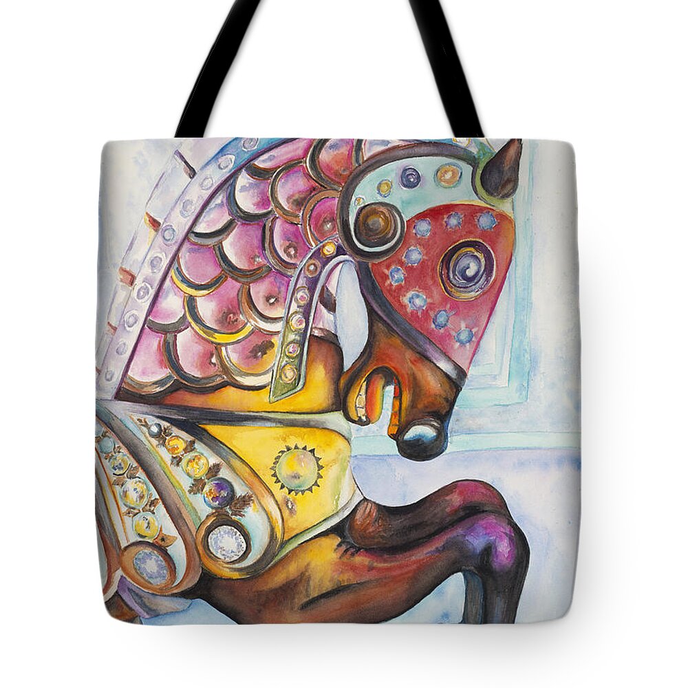 Watercolor Tote Bag featuring the painting Colorful Carousel Horse by Patty Vicknair