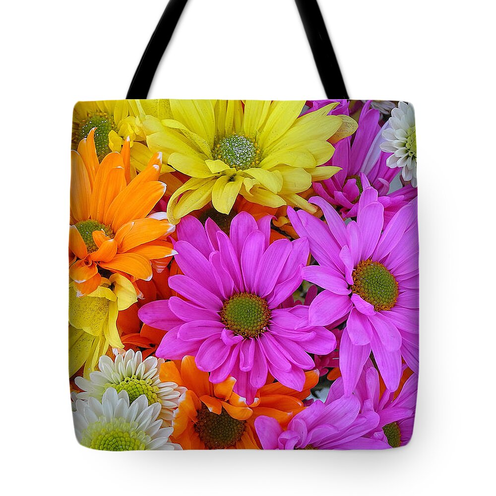 Portrait Tote Bag featuring the photograph Colorful Daisies by Sami Martin