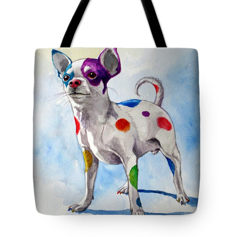 Chihuahua Tote Bag featuring the painting Colorful Dalmatian Chihuahua by Christopher Shellhammer