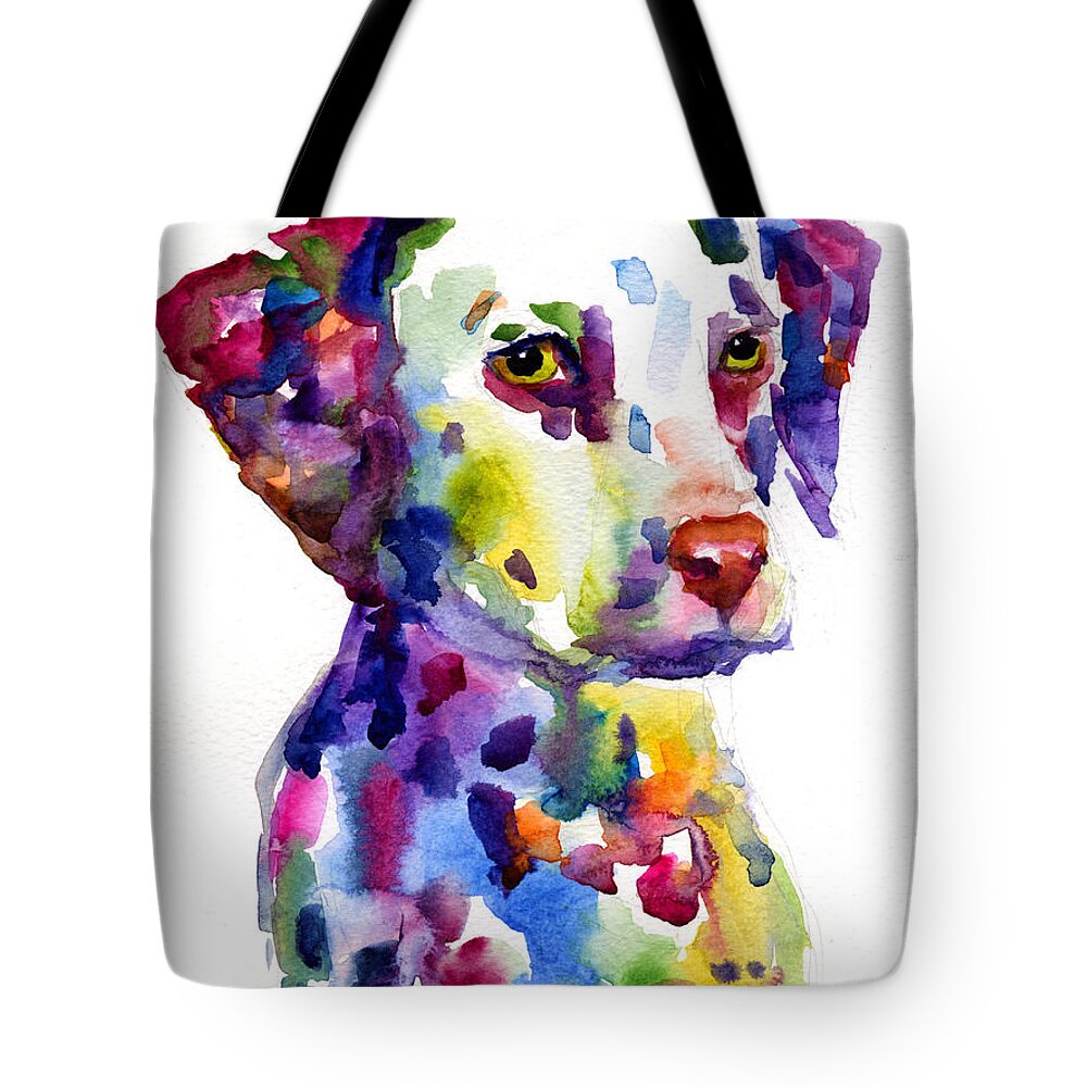 Dalmatian Tote Bag featuring the painting Colorful Dalmatian puppy dog portrait art by Svetlana Novikova