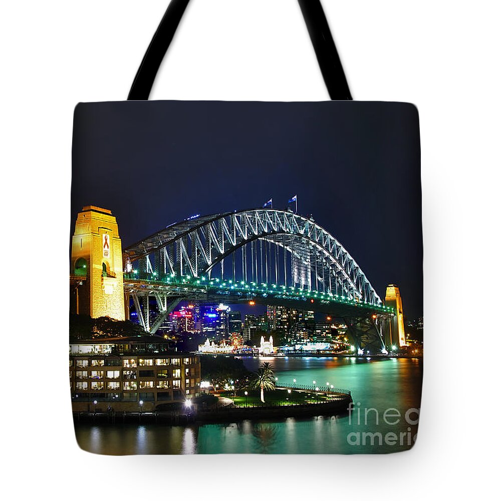 Photography Tote Bag featuring the photograph Colorful Sydney Harbour Bridge by Night by Kaye Menner