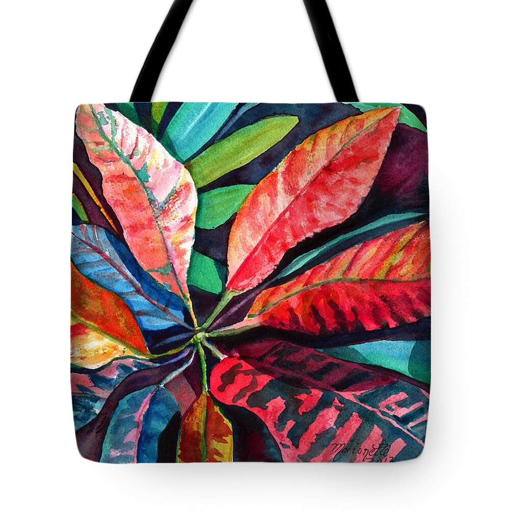 Tropical Leaves Tote Bag featuring the painting Colorful Tropical Leaves 2 by Marionette Taboniar