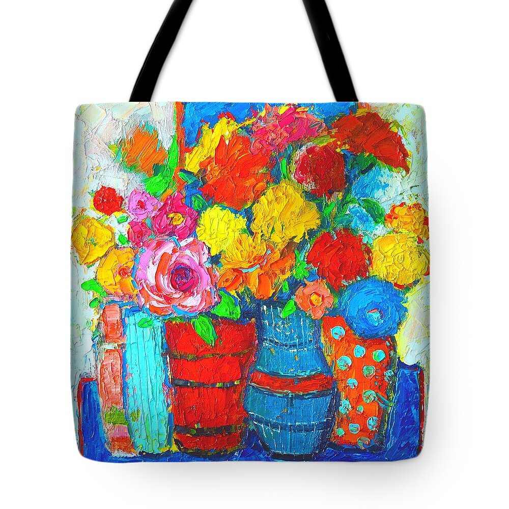 Flowers Tote Bag featuring the painting Colorful Vases And Flowers - Abstract Expressionist Painting by Ana Maria Edulescu