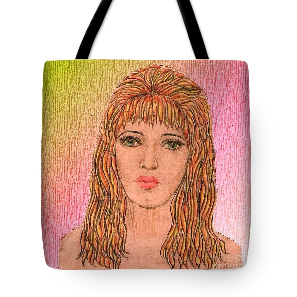 Self Portrait Tote Bag featuring the drawing Coloured Pencil Self Portrait by Joan-Violet Stretch
