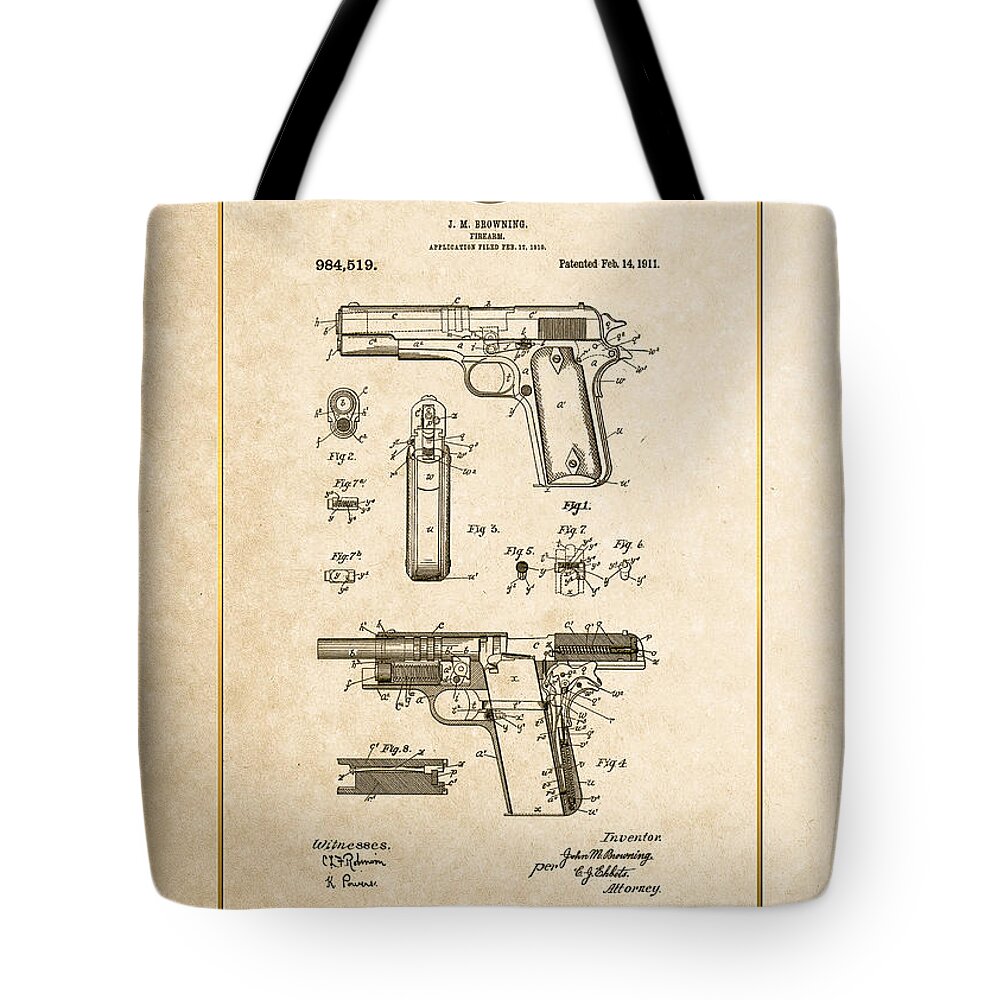 C7 Vintage Patents Weapons And Firearms Tote Bag featuring the digital art Colt 1911 by John M. Browning - Vintage Patent Document by Serge Averbukh
