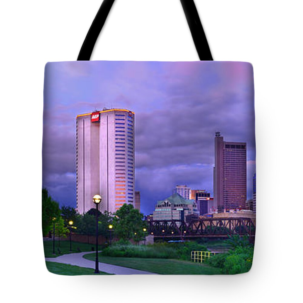 Columbus Skyline Tote Bag featuring the photograph Columbus Skyline at Dusk Sunset Color Panorama Ohio by Jon Holiday