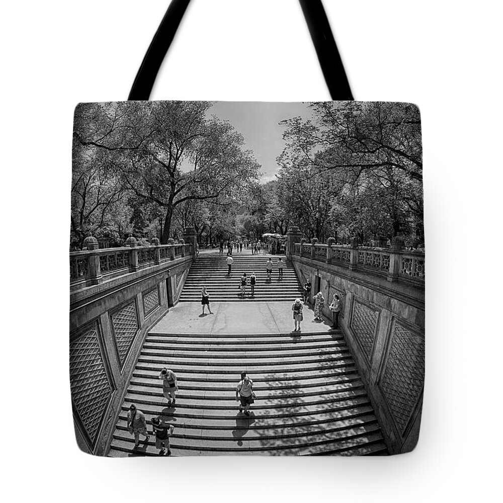 Central Park New York City Black White Commute Leisure Gray Grays Stairs Stone Cityscape Trees Photography Tote Bag featuring the photograph Commute by Paul Watkins